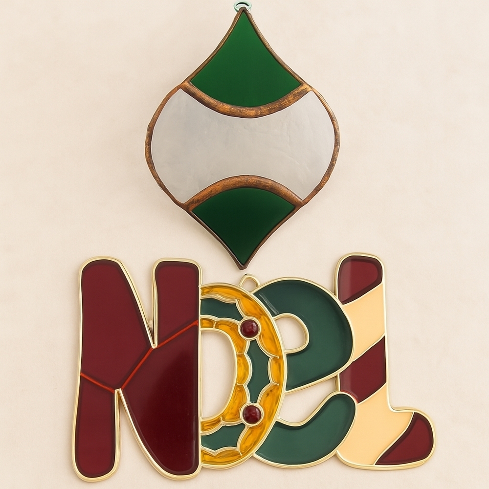 Vintage 70s Stained Glass Sun Catcher Hanging Christmas Ornaments Lead, Set of 2